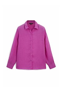 Camicia a maniche lunghe con bottoni in lino rosa brillante, con colletto classico e taglio dritto, caratterizzata da una trama liscia.