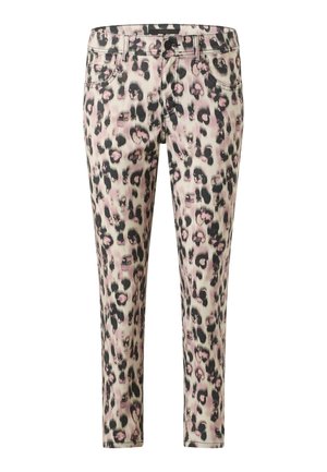 Spodnie o dopasowanym kroju z jasnobeżowym, czarnym i różowym wzorem w cętki lamparta, z przodem na guziki i pięcioma kieszeniami.