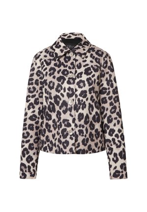 Veste en imprimé léopard beige et noir, avec un col, un système de fermeture à boutons et des manches longues, réalisée en tissu lisse.