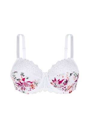 Soutien-gorge blanc avec bordure en dentelle et motif floral coloré en rose, orange et noir, avec bretelles réglables.
