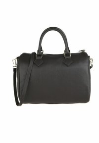 Borsa a tracolla in pelle nera con finitura testurizzata, forma arrotondata, doppi manici, tracolla staccabile e chiusura superiore con zip. Accenti in hardware argentato.