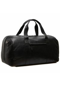 Sac de voyage en cuir noir avec doubles poignées, fermeture éclair et poche avant ; texture lisse avec couture visible et accents.