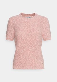 Kurzarm-Pullover aus einem pink-weißen strukturierten Strick. Verfügt über einen runden Ausschnitt und ein kleines Markenschild auf der unteren rechten Seite.