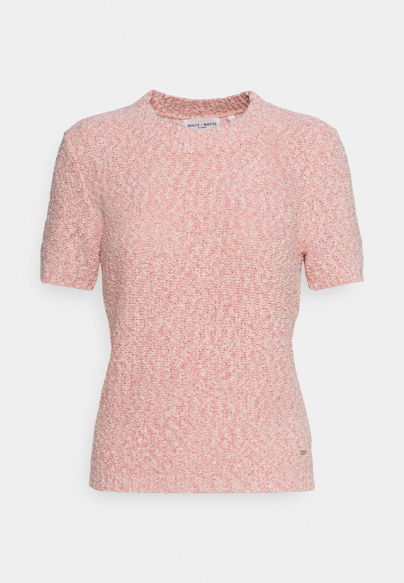 Kurzarm-Pullover aus einem pink-weißen strukturierten Strick. Verfügt über einen runden Ausschnitt und ein kleines Markenschild auf der unteren rechten Seite.