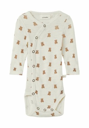 Body pour bébé à manches longues en tissu crème, avec un imprimé ours en peluche marron, et des boutons-pression sur le devant et le bas pour un habillage facile.