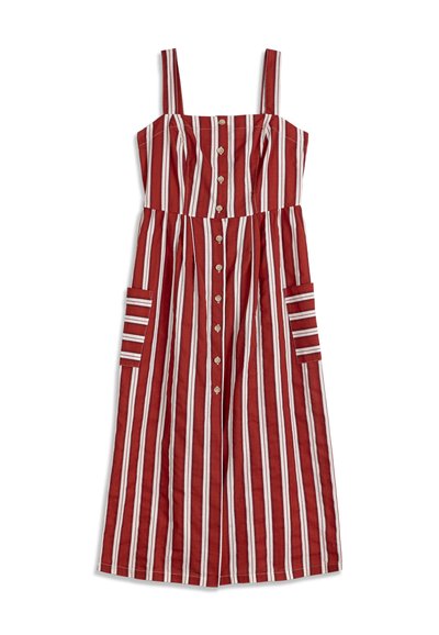 Robe midi sans manches à rayures verticales rouges, blanches et noires, avec des boutons sur le devant et de grandes poches de chaque côté.