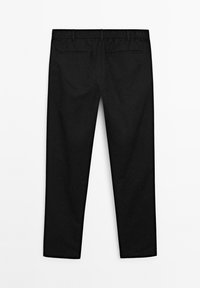 Black straight-leg trousers with an elastic waistband, belt loops, and two back welt pockets, displayed flat on a white background.