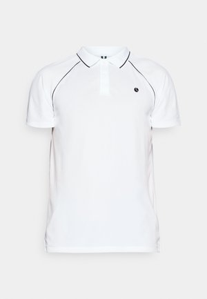 Vit polo t-shirt med svarta detaljer, korta ärmar, krage och en liten logotyp på bröstet. Tillverkad av texturerat tyg.