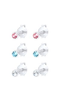 Conjunto de seis pendientes de botón que presentan piedras redondas en color rosa, azul claro y transparente, montadas en plata de ley con la marca 925 visible.