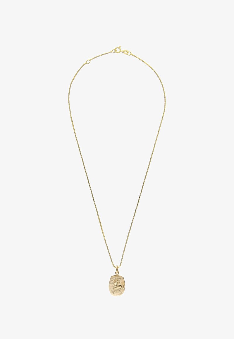 Goldkette mit einem strukturierten Anhänger und einem detaillierten Design. Die Kette ist dünn und zart, was den kunstvollen Charme ergänzt.