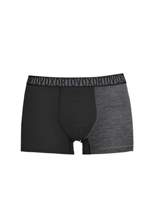Herren-Zweifarbige Boxer Briefs mit schwarzer linker Seite, dunkelgrauer rechter Seite und schwarzem Bund mit wiederholtem "ORTOVOX"-Schriftzug.