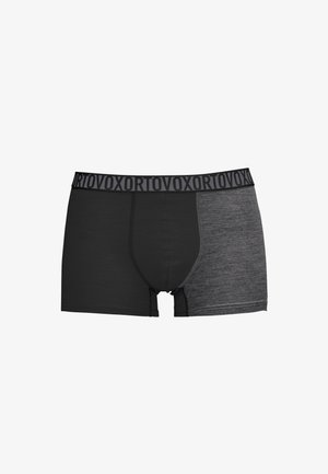 Herren-Zweifarbige Boxer Briefs mit schwarzer linker Seite, dunkelgrauer rechter Seite und schwarzem Bund mit wiederholtem "ORTOVOX"-Schriftzug.