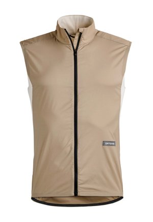 Beige sleeveless vest with black front zipper and small rectangular logo patch on lower right side.