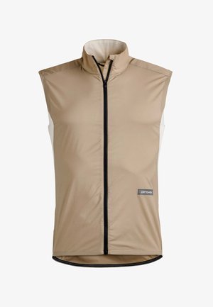 Beige sleeveless vest with black front zipper and small rectangular logo patch on lower right side.