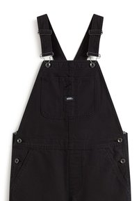 Černé pracovní kalhoty z odolné látky, s nastavitelnými ramínky, přední kapsou a stříbrnými kovovými detaily. Bez vzorů nebo textur.