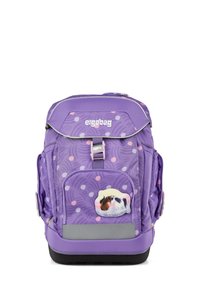 Paarse rugzak met een gestructureerd oppervlak, stippenpatroon, voorvak met een paardenafbeelding en een reflecterende strip aan de onderkant.