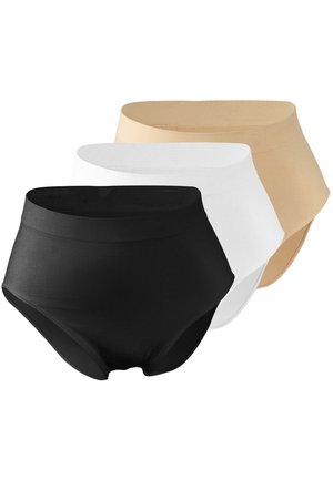 Drei Paare von hochgeschnittenen Panties in Schwarz, Weiß und Hautfarbe. Hergestellt aus weichem, dehnbarem Stoff mit einer glatten Oberfläche und breitem Bündchen.