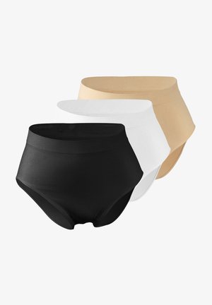 Tre paia di mutandine a vita alta in nero, bianco e nude. Realizzate in tessuto morbido e elastico con una finitura liscia e una vita larga.