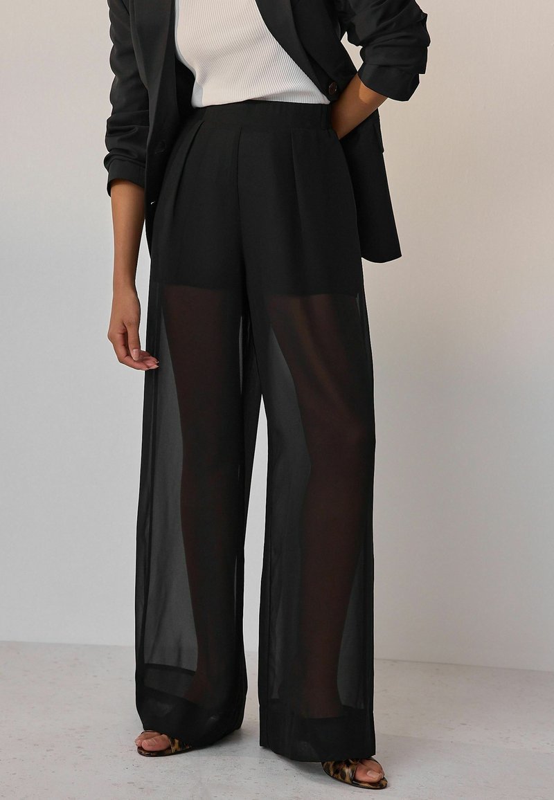 Femme portant un pantalon large transparent noir taille haute sur un short noir, associé à un haut blanc, un blazer noir et des sandales imprimé léopard.