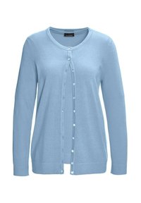 Helles blaues, langärmliges Strickjacke aus weichem Stoff, mit rundem Halsausschnitt und Knopfverschluss auf der Vorderseite. Glatte Textur.