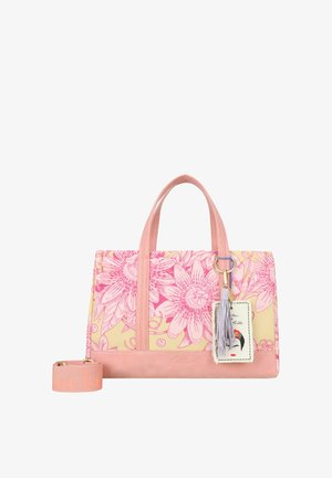 Borsa tote floreale rosa e beige con doppi manici, tracolla staccabile e portachiavi con nappina ed etichetta illustrata.