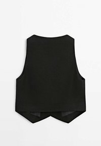 Zwart mouwloos topje met een afgeronde achterkant en zijzakken, gemaakt van een getextureerde stof. Eenvoudig ontwerp zonder zichtbare versieringen.