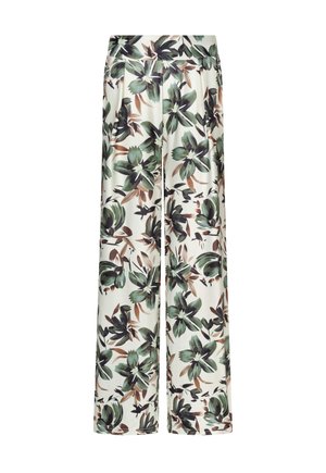 Pantalon à jambes larges avec imprimé floral vert et marron sur fond blanc, taille haute avec des plis à l'avant.