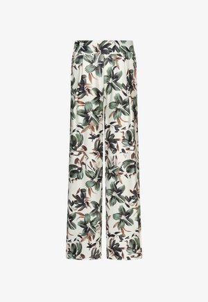 Pantaloni a gamba larga con stampa floreale verde e marrone su sfondo bianco e vita alta con pieghe sul davanti.