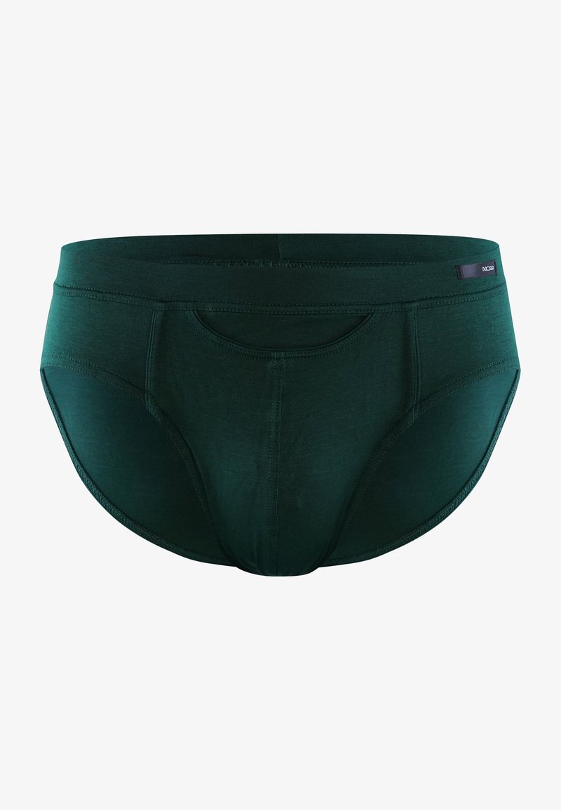 Biancheria intima in cotone verde scuro con una texture liscia, forma sagomata e una tasca frontale funzionale. L'elastico in vita presenta un'etichetta di branding discreta.