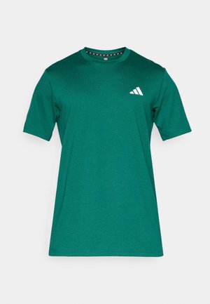 Grøn bomulds t-shirt med korte ærmer, rund halsudskæring og hvid Adidas-logo på venstre bryst. Glat tekstur og almindelig pasform.