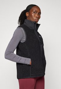 Fleece vest in black with high collar, zip front, and side pockets. Worn over a grey long-sleeve shirt, featuring textured fabric.