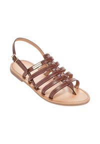 Bruine leren sandaal met meerdere banden, open teen ontwerp, slingback met gouden gesp en een platte beige zool.