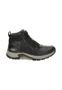 Zwarte leren hoge sneakers met grijze zool, zijrits, veters, gewatteerde kraag en 'rollingsoft'-logo op de hiel.