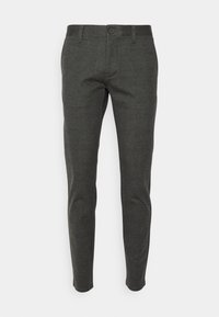 Ciemnoszare spodnie wykonane z teksturowanej tkaniny, o dopasowanym kroju, z zapięciem na guzik i przednimi kieszeniami. Minimalistyczny design bez wzorów.