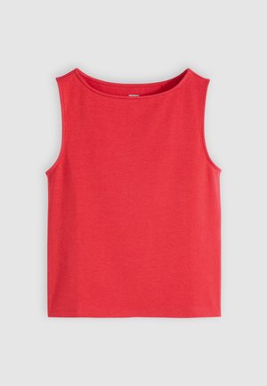 Débardeur rouge sans manches avec un col rond, fabriqué en coton lisse, présenté à plat sur un fond clair.