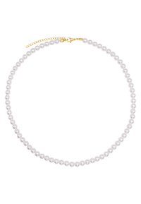 Perlenkette aus weißen Perlen mit einem goldenen Verschluss. Besteht aus gleichmäßig verteilten Perlen mit einer glatten, reflektierenden Oberfläche. Verfügt über eine verstellbare Kette.