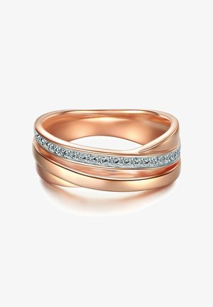 Rosenvergoldeter Ring mit miteinander verwobenen Bändern und einer Reihe von pavé-gesetzt Diamanten in der Mitte, glatte Oberfläche und abgerundete Kanten.