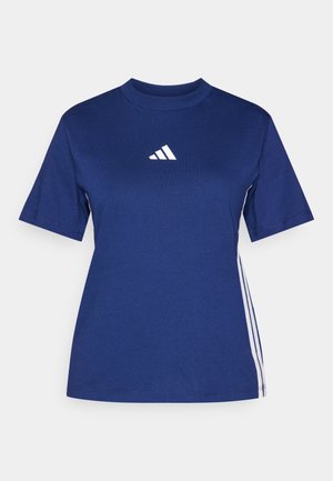 Tamno plava majica s kratkim rukavima od pamuka, visokog ovratnika, s bijelim logotipom i kontrastnim bijelim trakama sa strane.