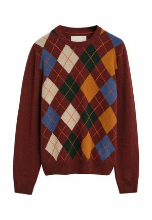 Maglione lavorato a maglia di color bordeaux con un motivo argyle che presenta diamanti verdi, blu, crema e gialli. Collo a giro classico e polsini a coste.