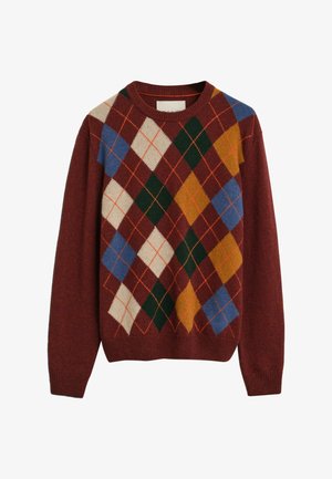 Knit sweater in burgundy with an argyle pattern featuring green, blue, cream, and yellow diamonds. Classic crew neck and ribbed cuffs.