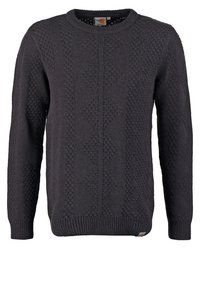 Dunkelgrauer gestrickter Pullover mit einem strukturierten Design und geometrischen Mustern, Rundhalsausschnitt und gerippten Bündchen und Saum.