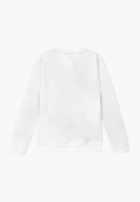 Weißes Sweatshirt mit langen Ärmeln, Rundhalsausschnitt und gerippten Bündchen. Verfügt über eine V-förmige Passe auf der Rückseite und eine glatte Stoffoberfläche.