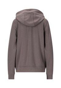 Grauer Hoodie aus einem strukturierten, glatten Stoff. Verfügt über eine Kapuze mit Kordelzug, lange Ärmel und einen gerippten Saum. Einfaches, minimalistisches Design.