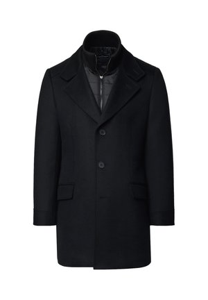 Czarny wełniany płaszcz z wykładanym kołnierzem, wyposażony w zamykaną kieszeń wewnętrzną, trzy guziki i dwie boczne kieszenie. Gładka faktura z wyraźną sylwetką.