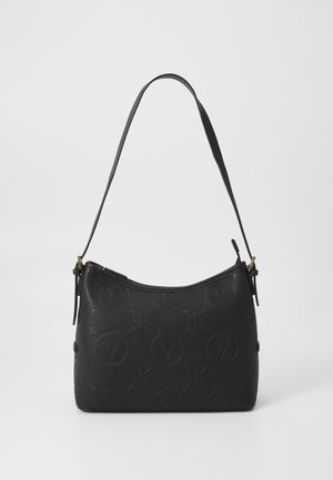 Black leather shoulder bag with a soft, curved shape. Features embossed logo patterns and a single adjustable strap. Gold-tone hardware accents.