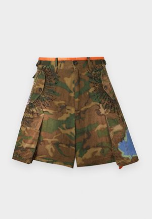 Camouflage cargo shorts with orange waistband, black bead embellishments around front pockets, and blue paint detail on right leg.