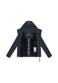 Navy blue jacket with hood, featuring a zippered front, elastic hem, and black interior with logo detailing and pocket. Smooth texture.