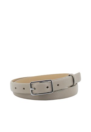 Light beige leather belt with a silver rectangular buckle, multiple adjustment holes, and a loop, coiled on a white background.