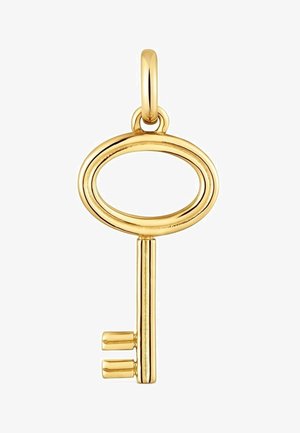 Pendentif clé de couleur or avec une boucle ovale en haut et deux dents horizontales en bas.