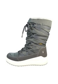 Szare wodoodporne zimowe buty z białą piętą, pikowanym cholewką i czarnymi sznurówkami. Posiadają futrzane wyłożenie oraz wzmocnione krawędzie dla zwiększenia trwałości.
